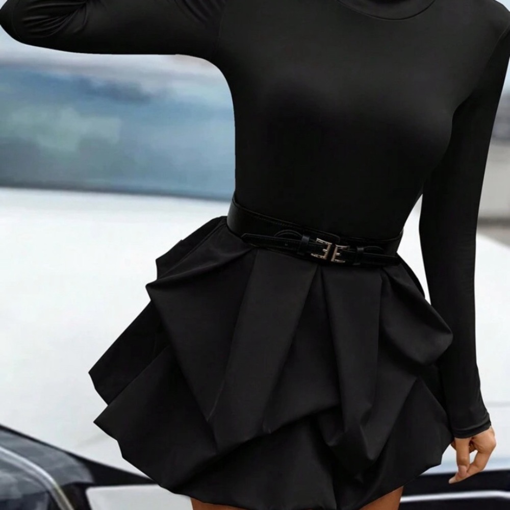 SHEIN Black Ruffled Long Sleeve Dress